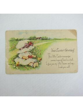 Postcard Easter Chicks Little Girl White Dress Bonnet Embossed Antique 1910-20s